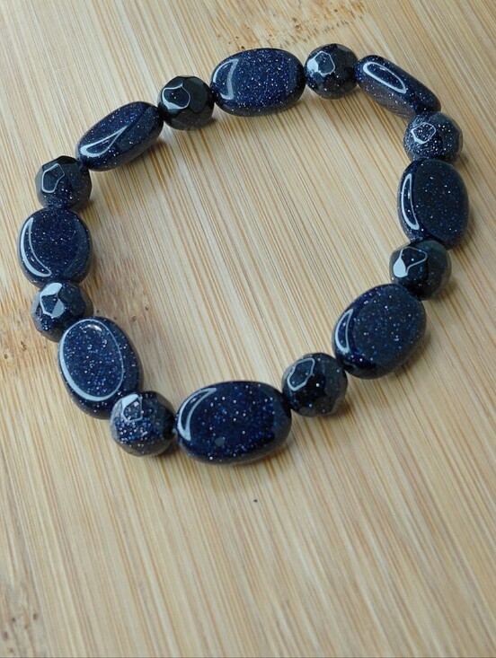 Hand Crafted Jewelry - Hand Made Blue Goldstone Beaded Stretch Bracelet About 6.25 Inches